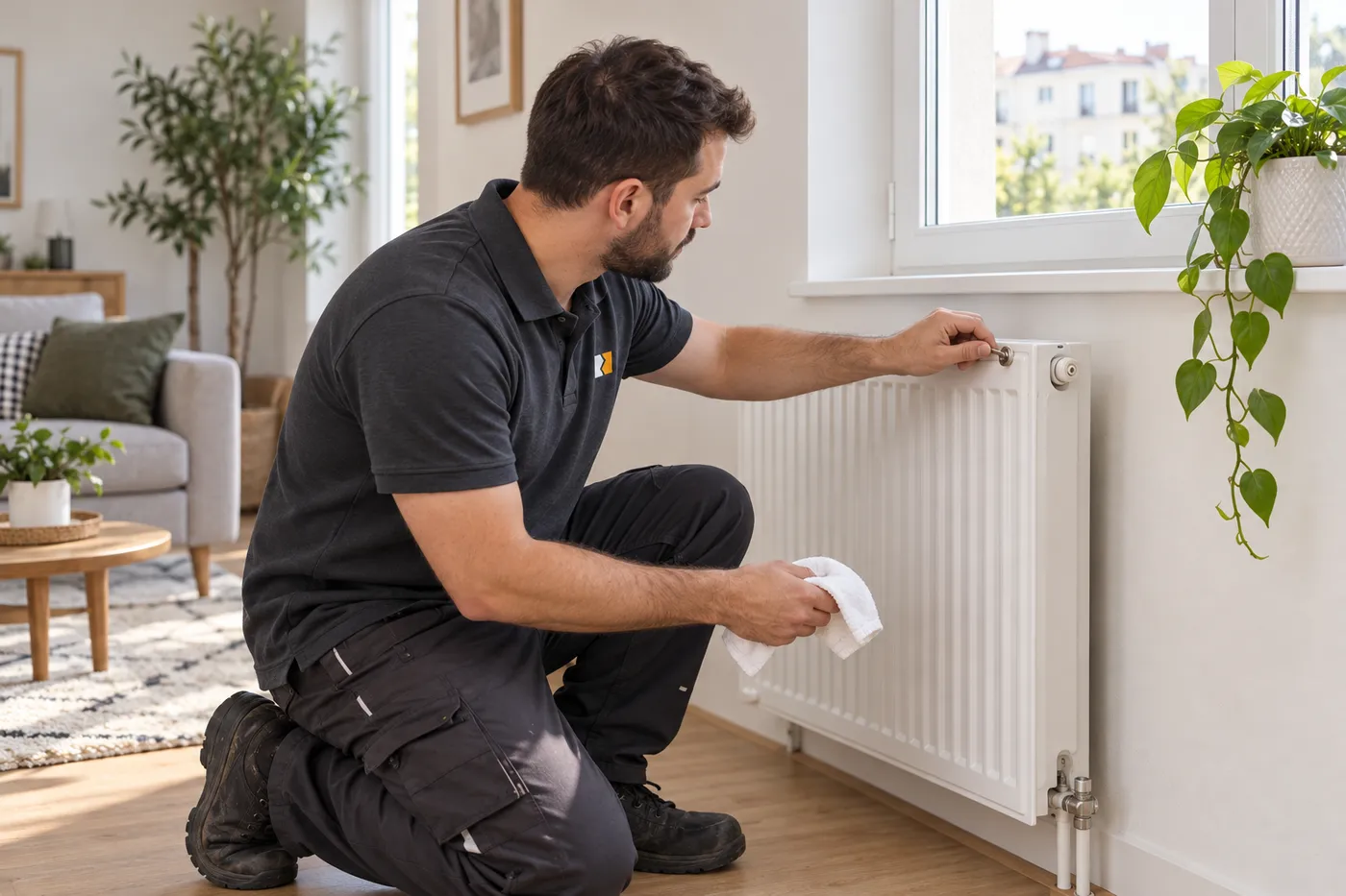 Chauffagiste Brasero Maisons-Alfort contrôlant la purge d'un radiateur dans un appartement