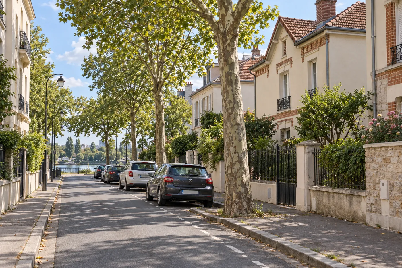 Rue résidentielle bordée de platanes près des bords de Marne à Maisons-Alfort