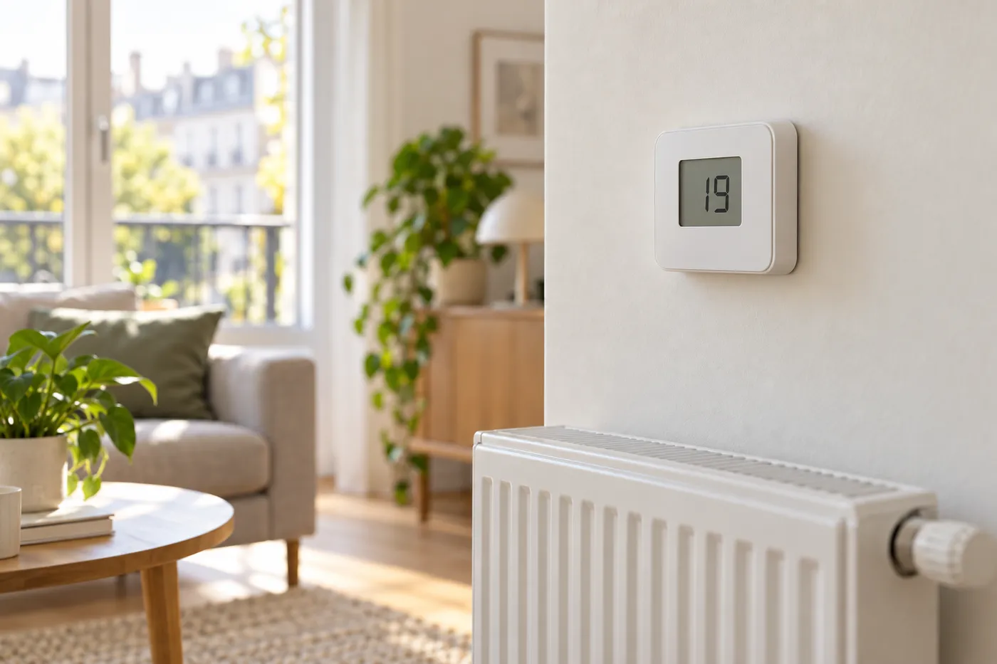 Thermostat d'ambiance réglé à 19 °C au-dessus d'un radiateur dans un salon
